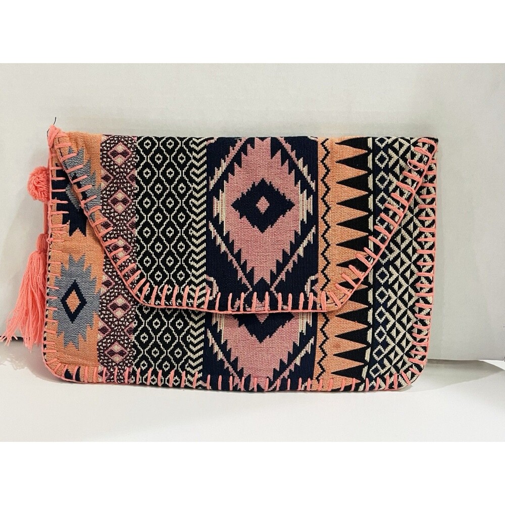 Cynthia Rowley New York Aztec Clutch Bag w/ Tassel Case Coral Cotton Embroidered